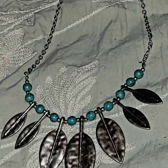 None Jewelry - Silver Leaf Necklace with Turquoise Beads